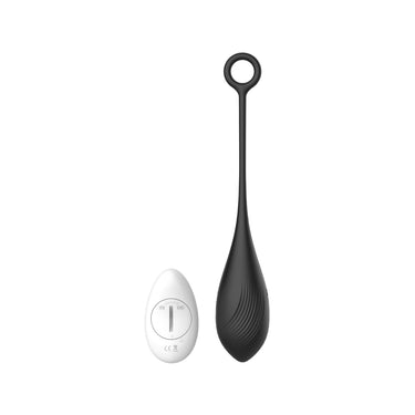Chic black vibrating love egg paired with a sophisticated white remote, featuring tactile controls for refined enjoyment.